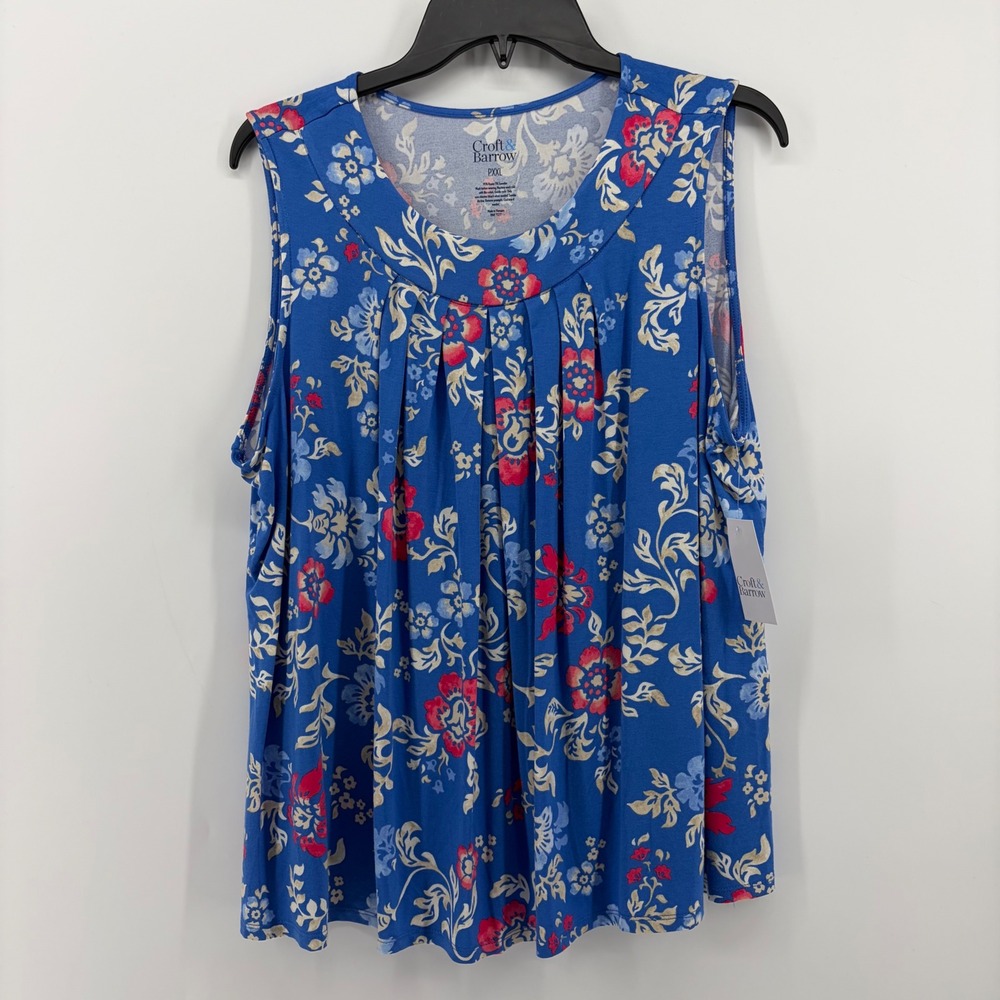 Croft & Barrow Blue Floral Pleated Scoop‎ Neck Sleeveless Top PXXL New